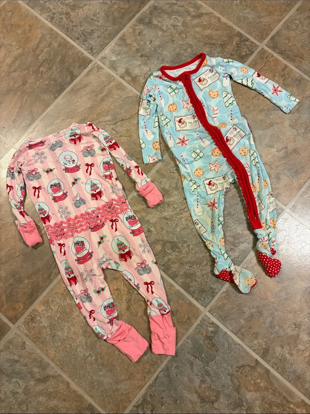 Soft Snooze Pink and Light Blue Holiday Footed Pajama Set 6-12 months